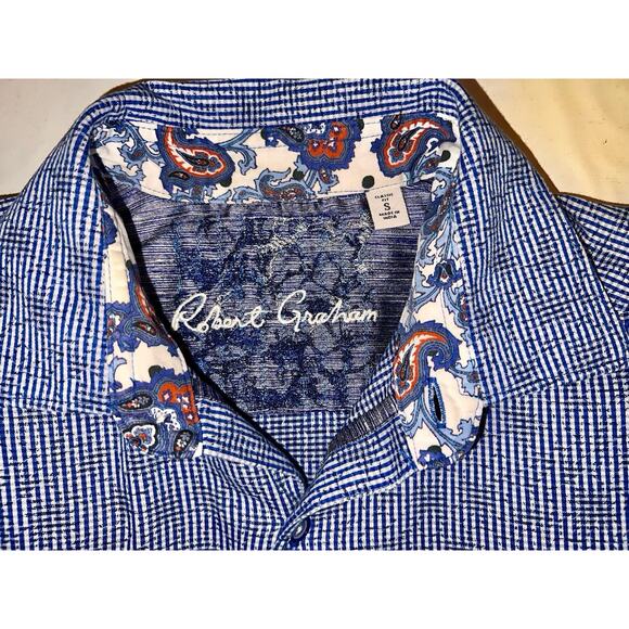 ROBERT GRAHAM BLUE TINY CHECK L/S SHIRT PAISLEY FLIP CUFFS SIZE S / SMALL - Picture 4 of 5